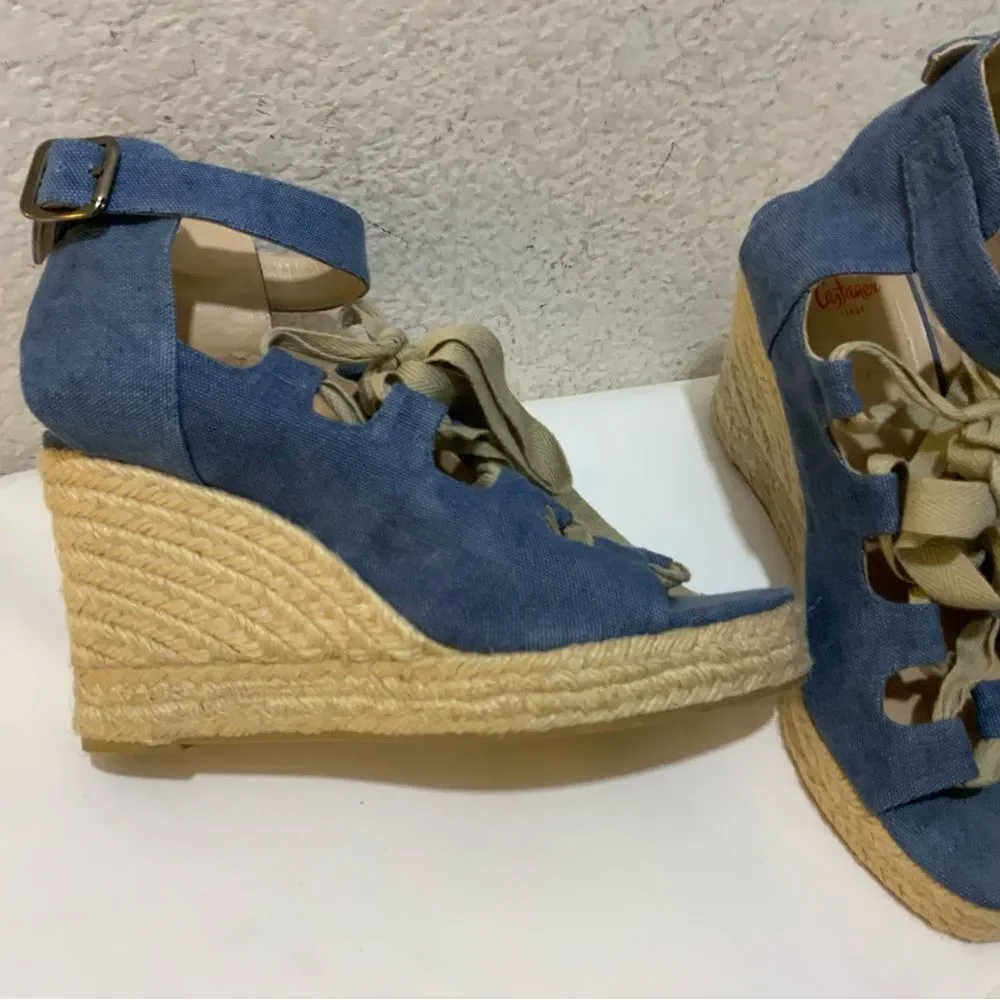 Castaner Leather lace up Denim look platform Wedge Espadrille Sandals 39